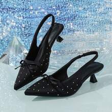 Women's Polka Dot Satin High Heel Sandals, Bowknot Pointed Toe Low Heel Dress Shoes With Rivets, Party - Black - View 6