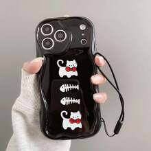 Cat (Follow The Store, Collect The Product To Get A Free Lanyard) Wavy Cream Edge Macaron Anti-Drop Phone Case, Full Set Of Phone Cases Compatible With Apple & - Black - View 1