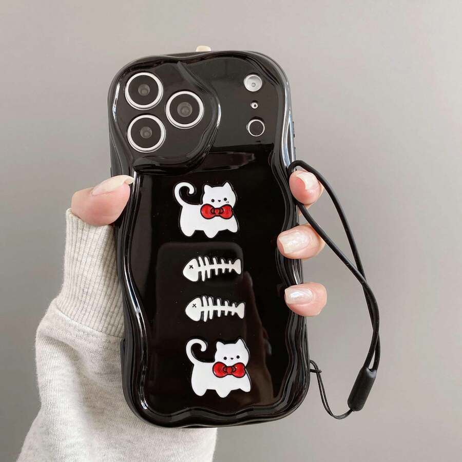 Cat (Follow The Store, Collect The Product To Get A Free Lanyard) Wavy Cream Edge Macaron Anti-Drop Phone Case, Full Set Of Phone Cases Compatible With Apple & - Black - View 1
