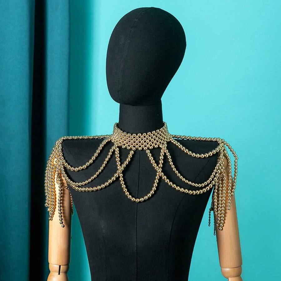 Elegant Pearl Bridal Shoulder Chain, Handmade Beaded Large Necklace, Hollow Faux Pearl Body Chain, Wedding Dress Accessory - White - View 1