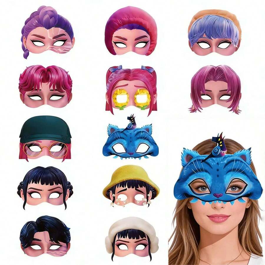 12pcs K-POP Cartoon Idol Themed Party Mask Set, Fun Costume Props, Birthday Party Interactive Supplies - Multicolor - View 1