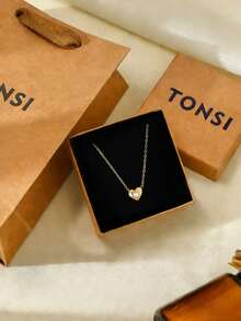 TONSI 1pc 18K Gold Plated Stainless Steel Heart Pendant Necklace, Low Allergy Zirconia Inlaid Choker Necklace, Suitable For Women's Daily, Commute, Holiday, Party Wear, Gift For Friends, Colleagues, Lovers, Valentine's Day - Gold - View 2