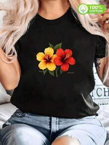 1 Piece Camisetas Para Mujer informal de cuello redondo de algodón para mujer Camiseta de algodón% con diseño vibrante de flores tropicales hibisco para los amantes de y2k estilo único que destaca en cualquier ocasión perfecta para combinar con tus looks de verano y demostrar tu personalidad auténtica - Negro - Ver 1
