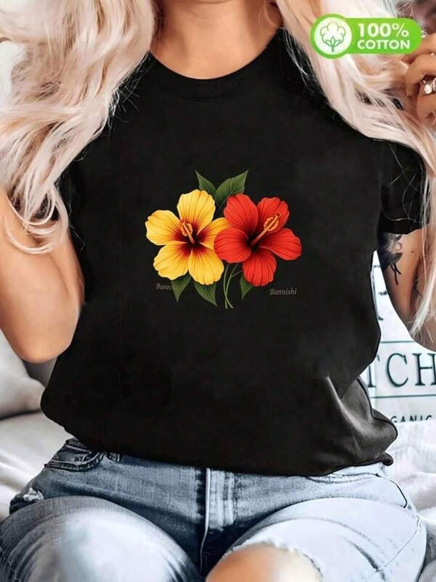 1 Piece Camisetas Para Mujer informal de cuello redondo de algodón para mujer Camiseta de algodón% con diseño vibrante de flores tropicales hibisco para los amantes de y2k estilo único que destaca en cualquier ocasión perfecta para combinar con tus looks de verano y demostrar tu personalidad auténtica - Negro - Ver 1