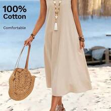 YijiaNvz  Vestido largo de verano para mujer con cuello en V sin mangas y hebilla circular de unicolor. Vestidos de verano de algodón casuales sin mangas para mujer. Vestidos de verano casuales para mujer. Vestidos de verano para mujer. Vestidos casuales sin mangas de longitud midi de algodón para mujer. - Amarillo - Ver 2