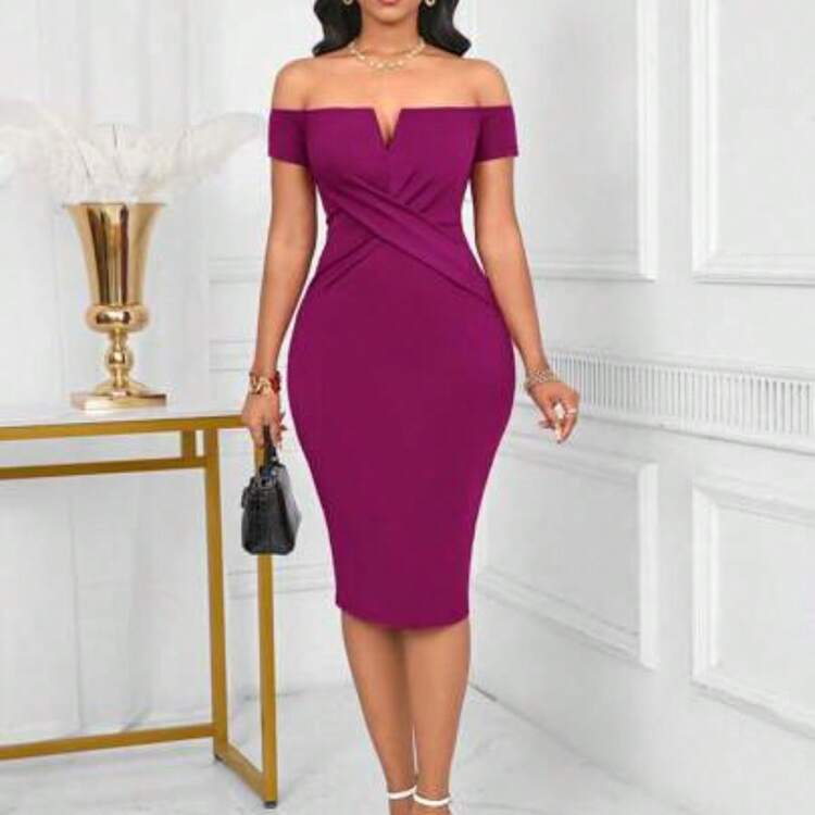Nana's Women's Clothing Store   Lunessa Vestido ceñido de mujer con escote en V y hombros descubiertos - Morado - Añade 1