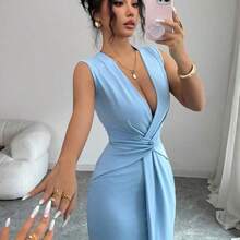 Nana's Women's Clothing Store  Elegante vestido con cuello en V plisado, cintura ceñida y abertura, sexy y elegante, adecuado para uso diario y vacaciones, azul claro, primavera/verano - Celeste - Ver 5