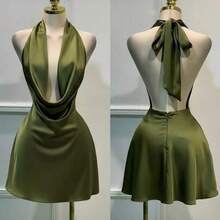 Nana's Women's Clothing Store 1 pieza Vestido corto de satén de unicolor y espalda descubierta, vestido de playa, vestido mini elegante para mujer, vestido casual elegante, vestido fluido, vestido corto de verano - Verde - Ver 1