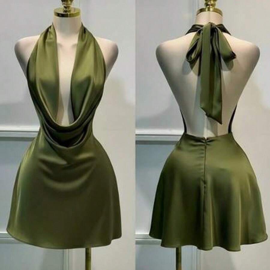 Nana's Women's Clothing Store 1 pieza Vestido corto de satén de unicolor y espalda descubierta, vestido de playa, vestido mini elegante para mujer, vestido casual elegante, vestido fluido, vestido corto de verano - Verde - Ver 1