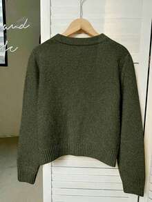 Cárdigan elegante y minimalista de cuello redondo, manga larga y un solo botonadura para mujeres, para otoño e invierno, tops de manga larga - Verde militar - Ver 2