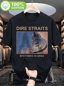 Camiseta casual de verano de la banda Dire Straits, cuello redondo, tela con ligera elasticidad, estampada, para hombre y mujer - Negro - Ver 1