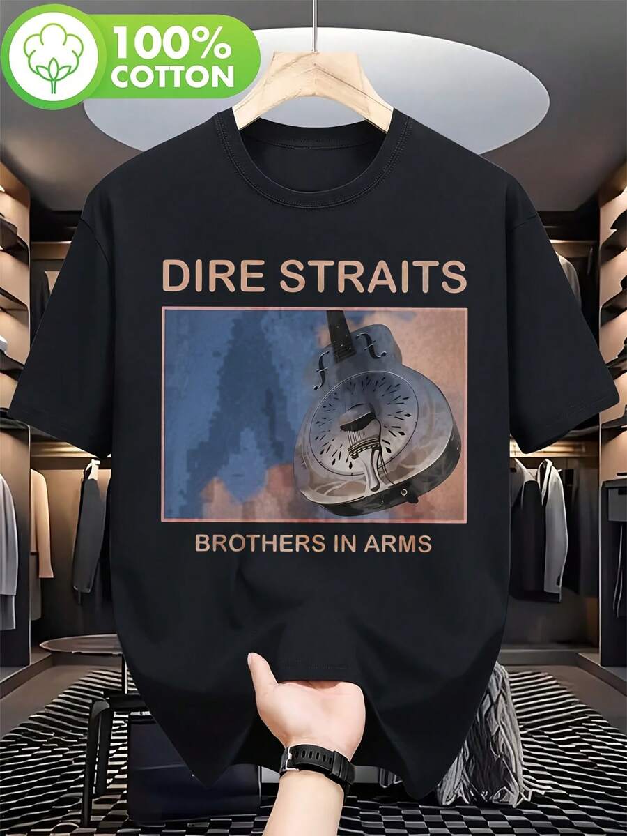 Camiseta casual de verano de la banda Dire Straits, cuello redondo, tela con ligera elasticidad, estampada, para hombre y mujer - Negro - Ver 1