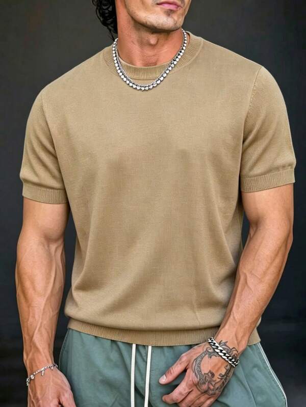 Men's Casual Knit Fabric T-Shirt, Solid Beige, Round Neck Design, Breathable Summer Style