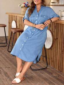 Vestido de mezclilla casual con cuello con muesca y botones delanteros, talla grande y unicolor - Negro - Ver 6