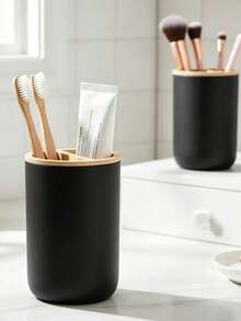 1pc Bamboo Toothbrush Holder With Removable Shelf, Convenient For Cleaning. Has 2 Compartments To Store Electric Toothbrush And Toothpaste, Multifunctional Storage. Suitable For Bathroom Cabinet, Sink And Countertop. Great For Bathroom Decor, Autumn Decor And Back To School Season. - Multicolor - View 1