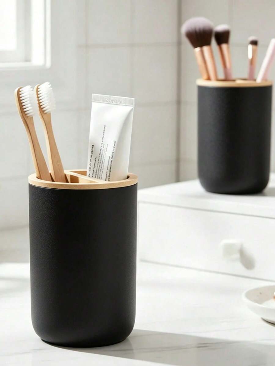 1pc Bamboo Toothbrush Holder With Removable Shelf, Convenient For Cleaning. Has 2 Compartments To Store Electric Toothbrush And Toothpaste, Multifunctional Storage. Suitable For Bathroom Cabinet, Sink And Countertop. Great For Bathroom Decor, Autumn Decor And Back To School Season. - Multicolor - View 1