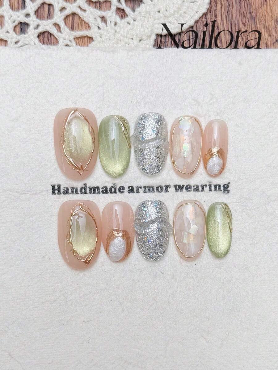 10pcs Handmade Nails Oval Nails Homemade Press On Nails Acrylic Short Pink Green Nails, Cateye Glitter Asymmetric Metallic Lines Mica, Summer Nails DIY False Nail Art Party Daily Dating Vacation Outfits Getaway Women Girls Gift Nail Supplies - Multicolor - View 1