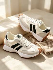 2026 New Retro Suede Sneakers Women, Blue White Casual Lace-Up Trainers, Comfortable Non-Slip Chunky Sole Running Shoes - 白色 - 查看 6