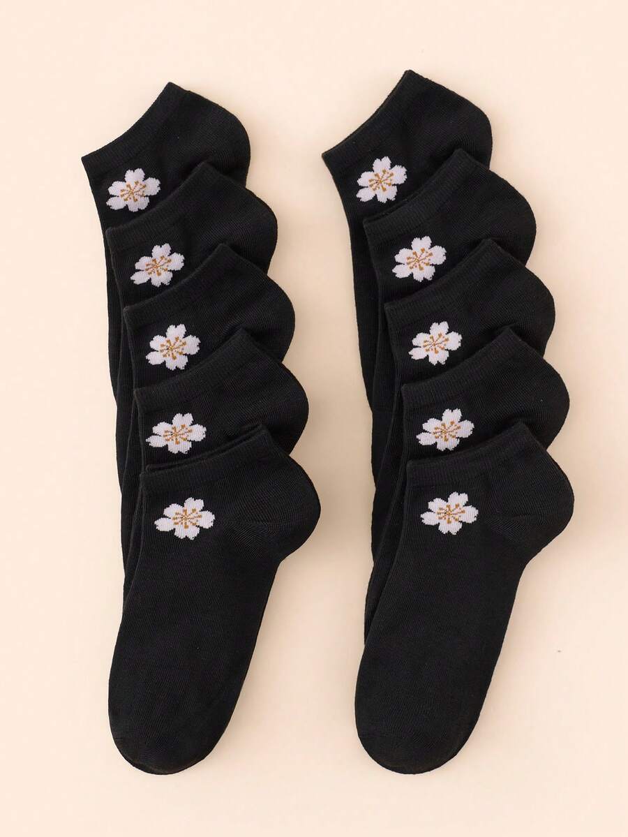 10 Pairs Women's Solid Color Ankle Socks - Black - View 1