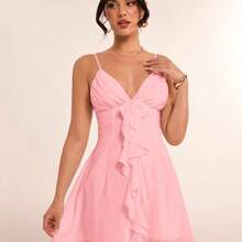 Vestido mini de princesa con cuello en V, diseño de volantes, dulce, color blanco puro, con diseño de copas sexy, adecuado para primavera/verano, Día de San Valentín, graduación - Amarillo - Ver 4