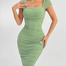 guang zhou mi qian shang mao  PETITE Vestido verde de hombros descubiertos para vacaciones de primavera, ropa barata de verano, vestido de verano, vestido de primavera, vestido pastel, vestido de playa para mujer, vestido largo de playa, vestido de verano - Blanco - Ver 8