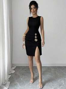 Vestido mini elegante de mujer de unicolor con cuello redondo, plisado, bajo con abertura, botones de metal con forma de sol, estrella de mar y concha, sin mangas, para uso casual al aire libre, de vacaciones, adecuado para fiestas, citas, trabajo, negocios. Vestido sin mangas de unicolor para uso diario. Vestido plisado sin mangas con botones de metal para el verano, adecuado para todas las estaciones, temporada de graduación, regreso a clases, Día del Maestro. - Albaricoque - Ver 10