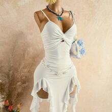 guangzhougaolangshangmao  Vestido midi de mujer de vacaciones informal de unicolor con tirantes de espagueti y bajo asimétrico retorcido - Blanco - Ver 11