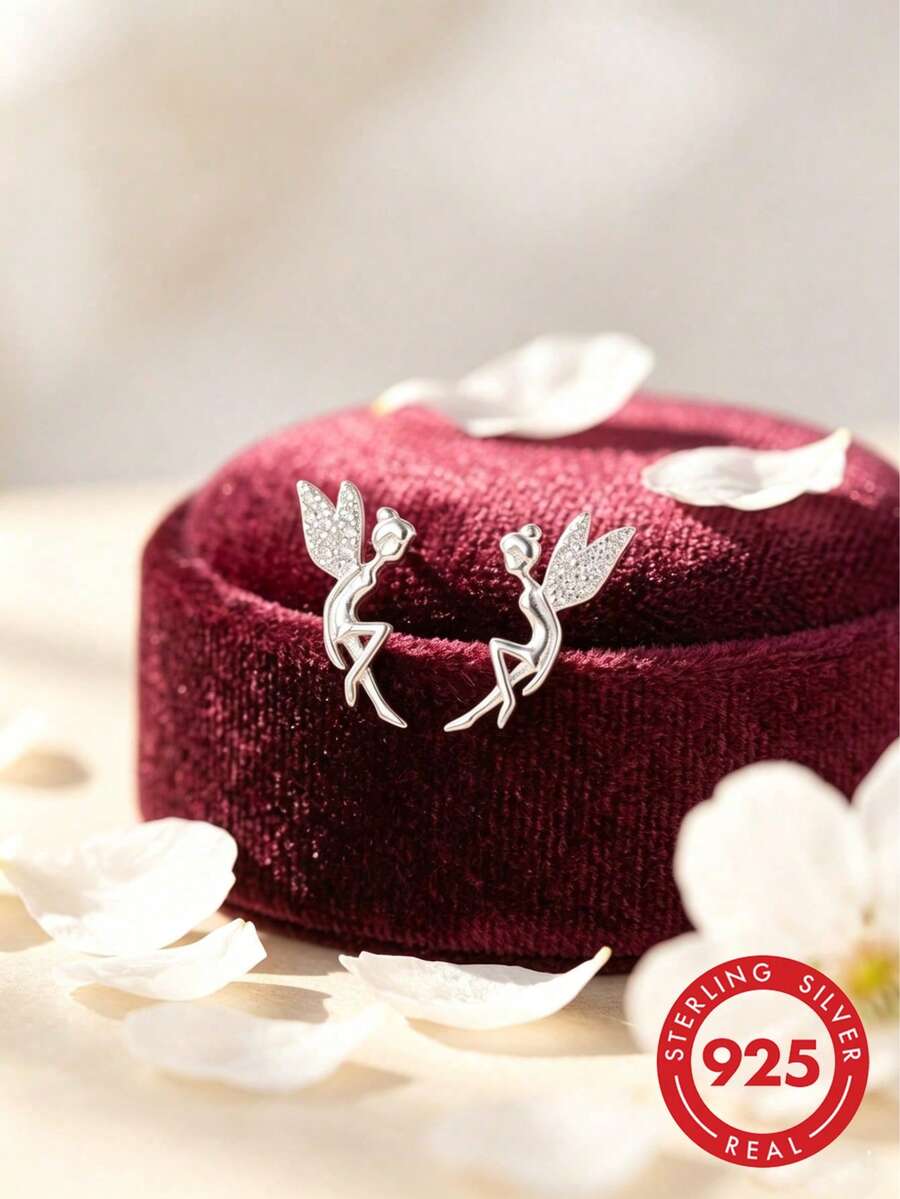 1 Pair Delicate Fairy Earrings, S925 Sterling Silver Rhinestone Angel Earrings, Hypoallergenic Design, Versatile For Daily, Party, Gift For Girlfriend, Bestie, Women - Little Angel - View 1