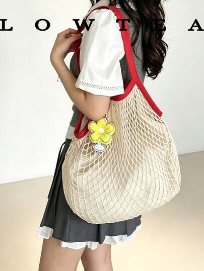 low tea 1 chiếc túi tote vải móc phối màu tương phản, túi xách móc thời trang retro dành cho nữ, thiết kế quai xách đôi, miệng túi mở, thích hợp cho đi làm, hoạt động ngoài trời, du lịch, dã ngoại (có mặt dây chuyền)