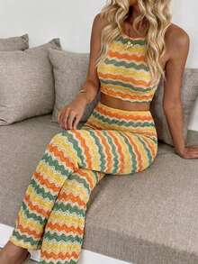 Summer New Colorblock Striped Slim Fit 2 Pieces Set, Sheer Knit Outfit, Flattering And Height-Enhancing, Hot Girl Party And Gathering - Yellow - View 3