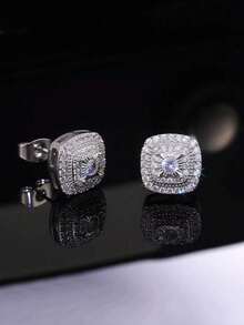2 Pairs Retro Square Rhinestone Studded Hip Hop Style Earrings, Fashionable & Delicate Unisex Daily Wear Earrings - Square - View 2