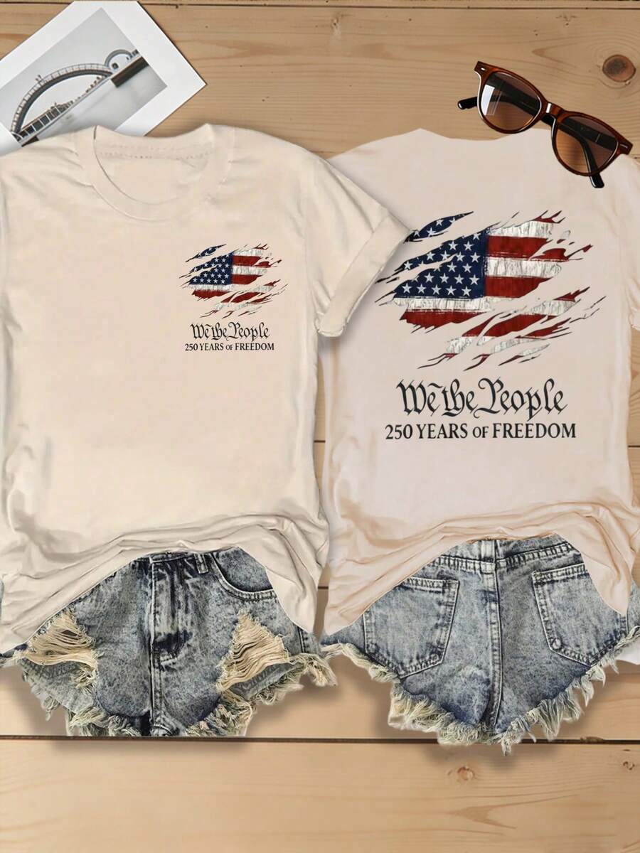Women's We The People 250 Years Of Freedom Tattered USA Flag Double‑Sided Print T‑Shirt, 180G Casual Summer Tops, Summer Outfits, 4th Of July Outfit - 杏色1 - 查看 1