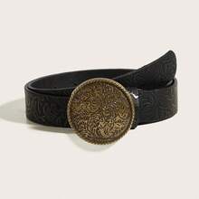 1pc Women's Retro Moon Circle Buckle Coffee Velvet Belt, Suitable For Daily Wear - Black - View 5