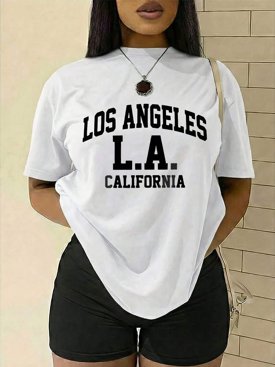 Women's T-Shirt With Los Angeles Print - California Street Style, Crew Neck, Short Sleeve, Blouse Ideal For Casual, Sporty Outfits, Machine Washable, Spring, Summer And Autumn Outfits With Lettering - 白色 - 查看 1