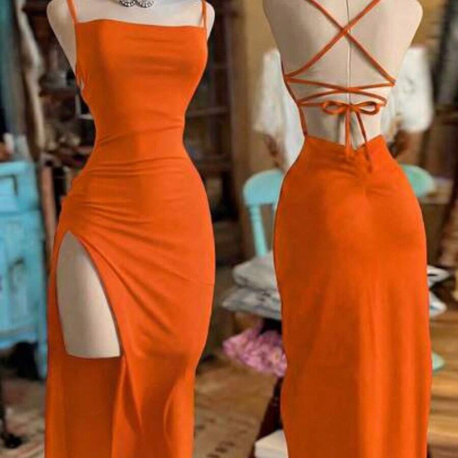YijiaNvz Vestido con abertura de unicolor de moda para mujer - Naranja - Ver 1