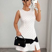 YijiaNvz  Vestido mini de punto de línea A con contraste de lunares y lazo, elegante y sin mangas, para mujer de talla grande, primavera/verano - Albaricoque - Ver 7