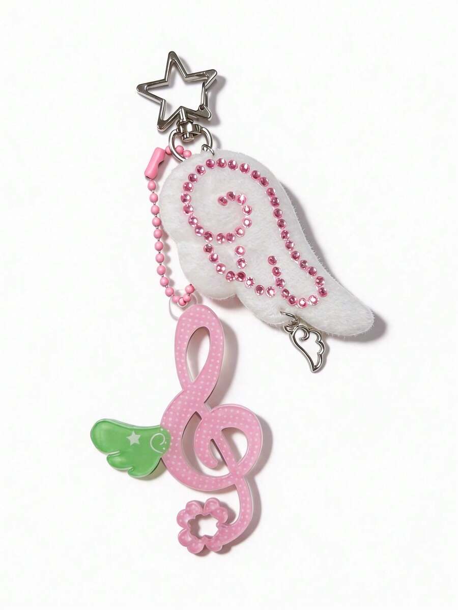 1pc Y2K Rhinestone Angel Wings & Music Note Design Pendant, Versatile Bag/Key/Phone Charm - Multicolor - View 1