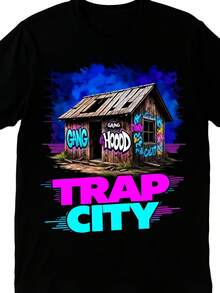 Camiseta de hombre con estampado urbano estilo Trap, estilo vintage con grafiti, manga corta, ropa urbana negra, adecuada para conciertos, festivales de música y uso casual diario. Lavable a máquina, de algodón regular, transpirable, absorbente de sudor y suave, ideal para el transporte diario, la relajación en casa y conjuntos casuales. - Negro - Ver 6