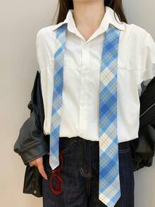 1条女士经典条纹JK制服领带，适合学生和青少年，英式格子图案，角色扮演派对领带配饰，适合搭配女士连衣裙和情人节装饰 - 藍白色 - 查看 2