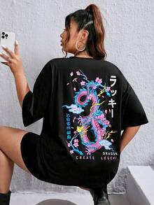 Camiseta de hombros caídos con letra japonesa & con estampado de dragón - Negro - Ver 1