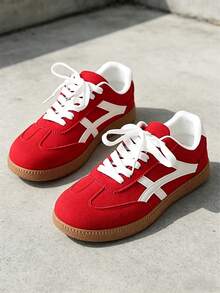 2026 New Retro Suede Sneakers Women, Blue White Casual Lace-Up Trainers, Comfortable Non-Slip Chunky Sole Running Shoes - 紅色 - 查看 5