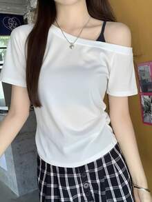 夏季新款日系辣妹風灰色不對稱單肩女款T恤，側面抽褶收腰，休閒白色，Y2K美學 - 白色 - 查看 7