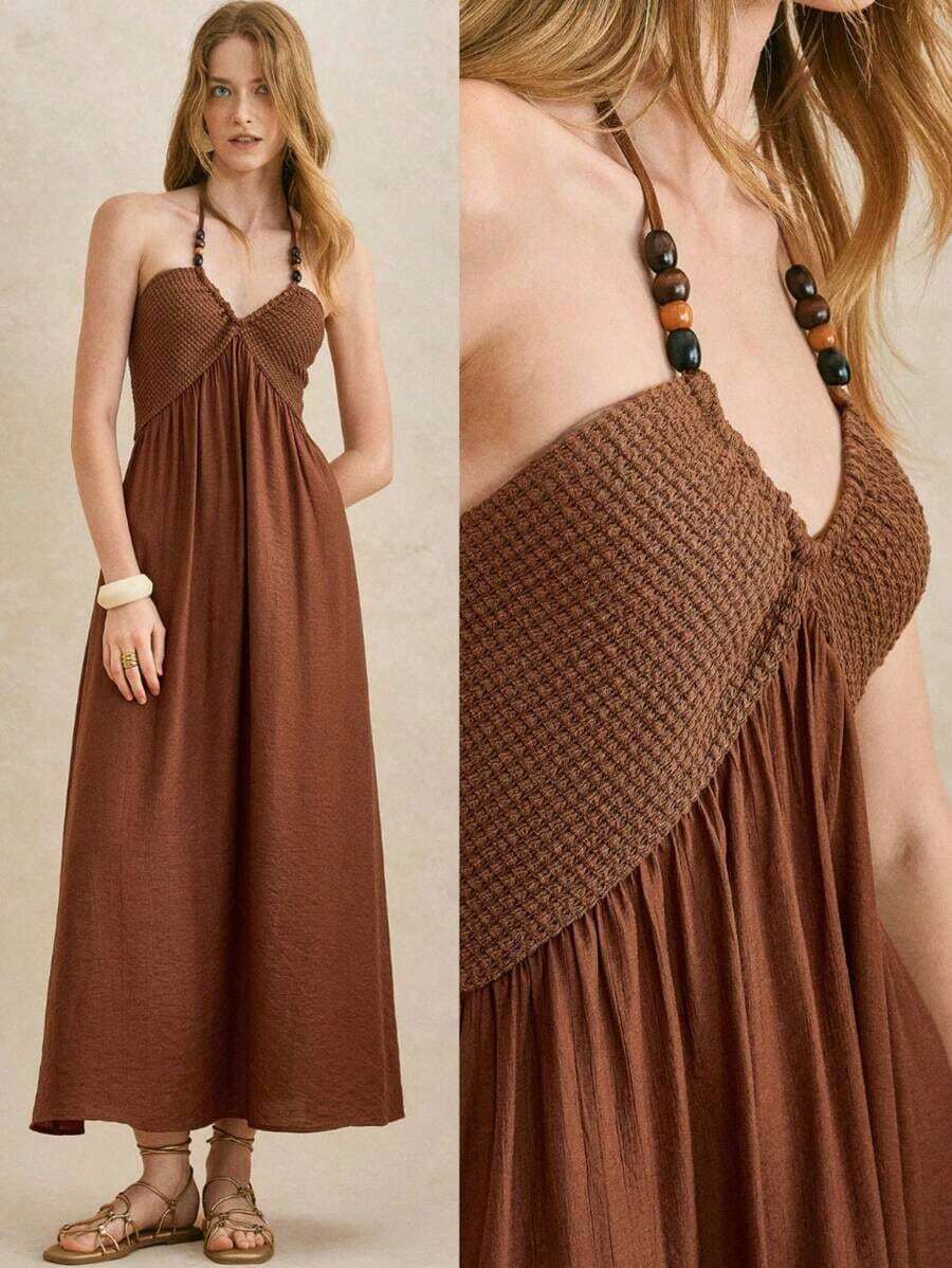 xheÉcloséra Elegante vestido tejido con panel de corbata de estilo francés vintage con cuentas, color óxido, adecuado para primavera y verano, para mujerxhe - Óxido marrón - Ver 1