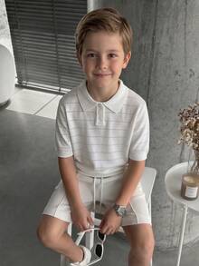 Back To School Season Boys Little Gentleman Academy Style Solid Color Turn-Down Collar Short Sleeve Lightweight Breathable Knit Polo Pullover Top Daily Wear Summer Autumn Vacation - White - View 2
