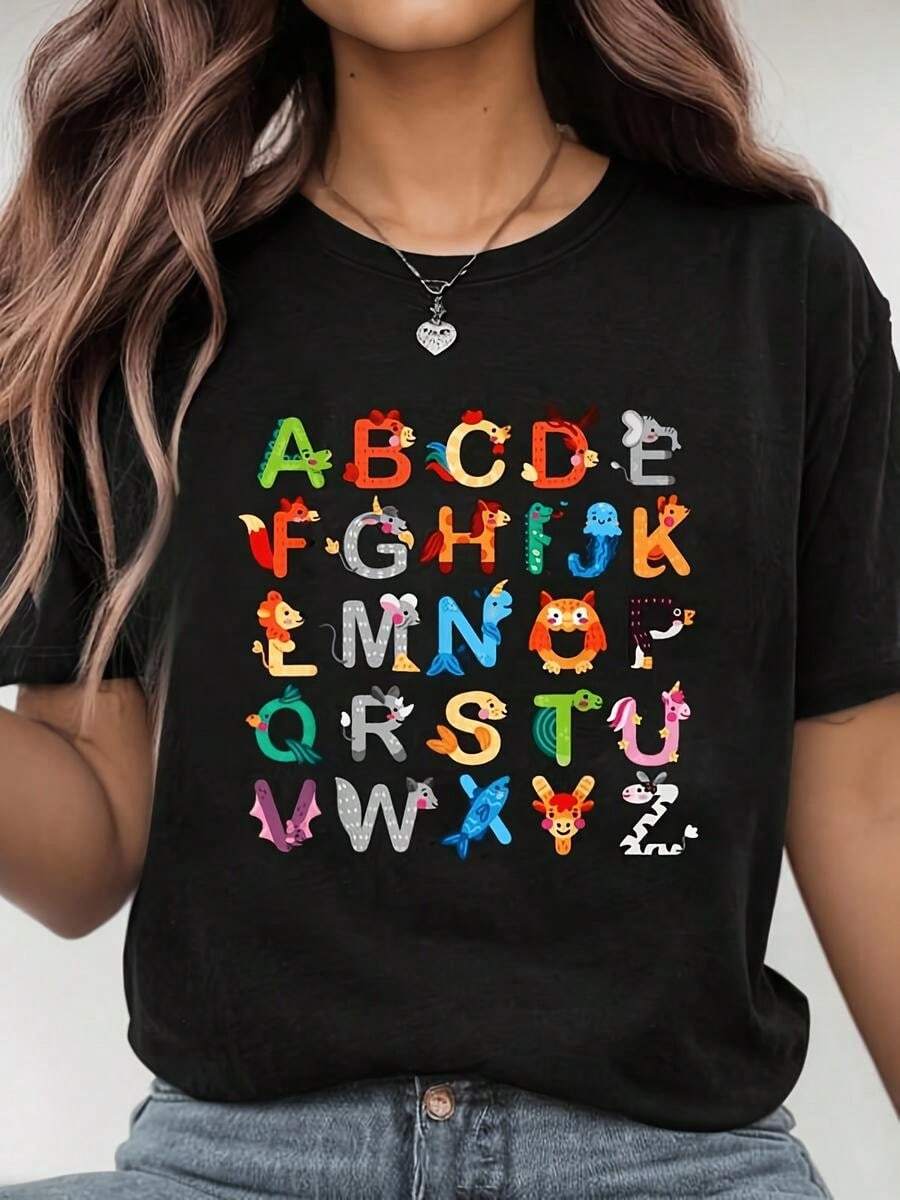 1 pieza de playera para hombre y mujer, 100% algodón puro, cuello redondo casual con estampado, manga corta transpirable para uso diario, con alfabeto animal ABC impreso en la playera de aprendizaje - Negro - Ver 1