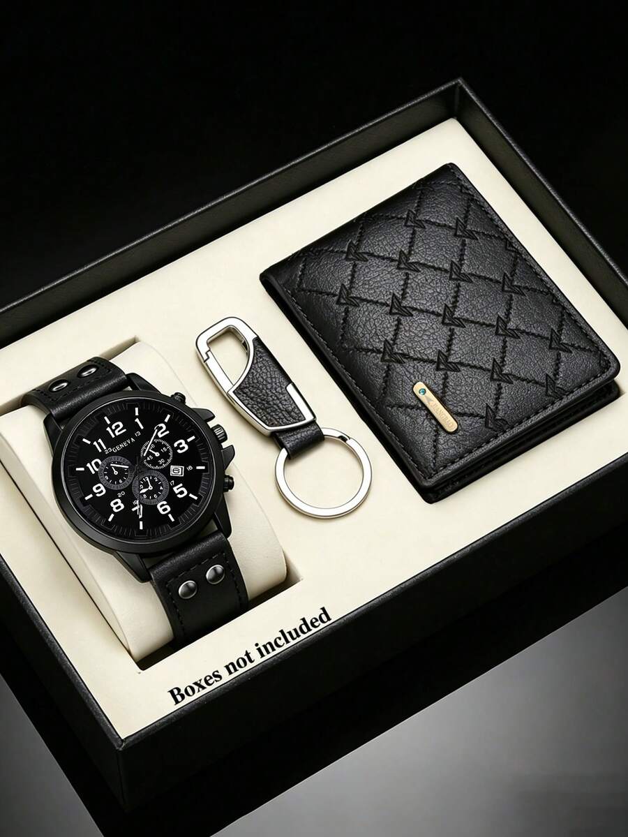 3PCS Black Quartz Watch, Wallet And Keychain Set, Versatile For Daily Wear, Holiday Special Offer - Black - View 1