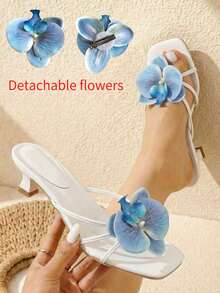Giày sandal cao gót 3D họa tiết hoa xanh mới, kiểu dáng thanh lịch, gót thấp, thích hợp cho bãi biển, tiệc tùng, hẹn hò và mùa cưới, phối cùng bikini, váy, sandal cao gót mùa hè thanh lịch, giày cao gót cô dâu, dép xỏ ngón. - Hoa màu trắng và xanh - Xem 8