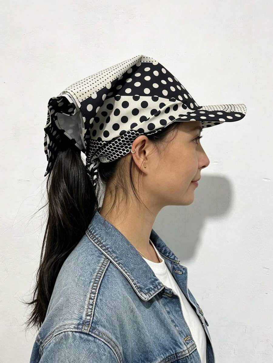 波点休闲度假风头巾,波西米亚风头巾,适合日常佩戴(图案随机分布) - 黑白灰波點 - 查看 1