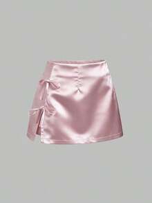 Minifalda de satén rosa con abertura y lazo, estilo A-line, sexy, adecuada para uso diario - Negro - Ver 7