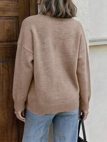 Maglione a scollo a V, maniche lunghe, tinta unita, casual, a costine, per uso quotidiano - Fiore cachi - Visualizzare 2